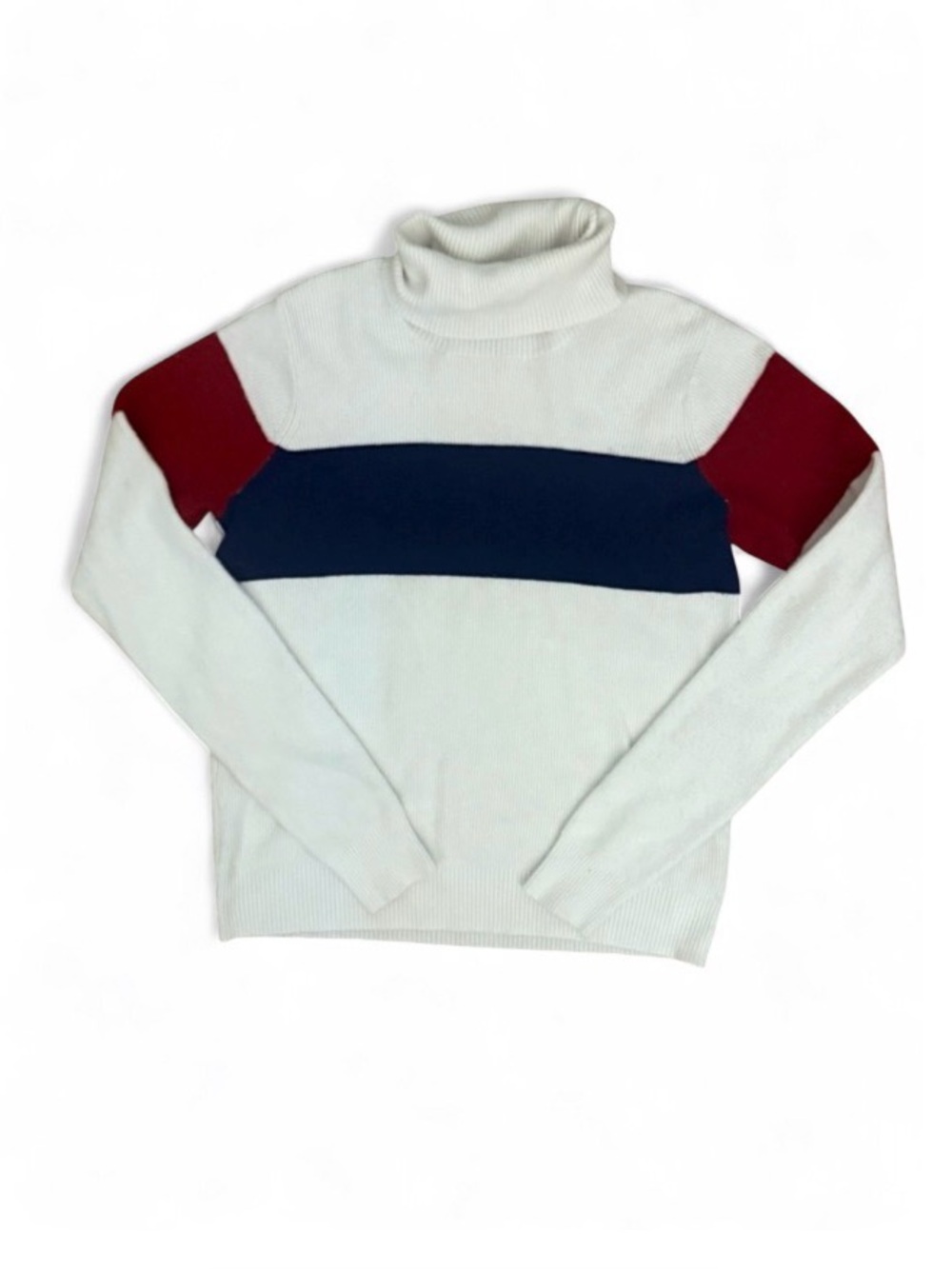Anthropologie White Turtleneck Sweater with Navy Stripe and Burgundy Shoulders
